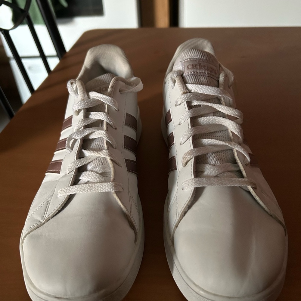 adidas White Sneakers with Brown Accent Stripes